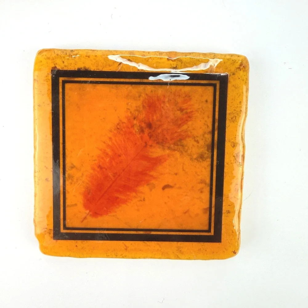 ARTISTIC Coasters Set of 4 Orange Feather Ceramic Stone Heavyweight UNIQUE